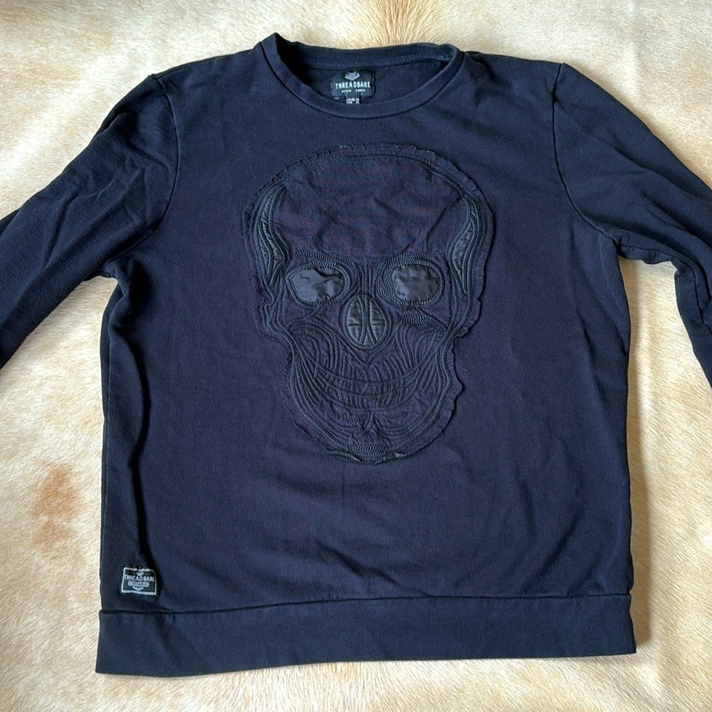Threadbare Denim SKULL Embroidered Applique Black Pullover SWEATSHIRT